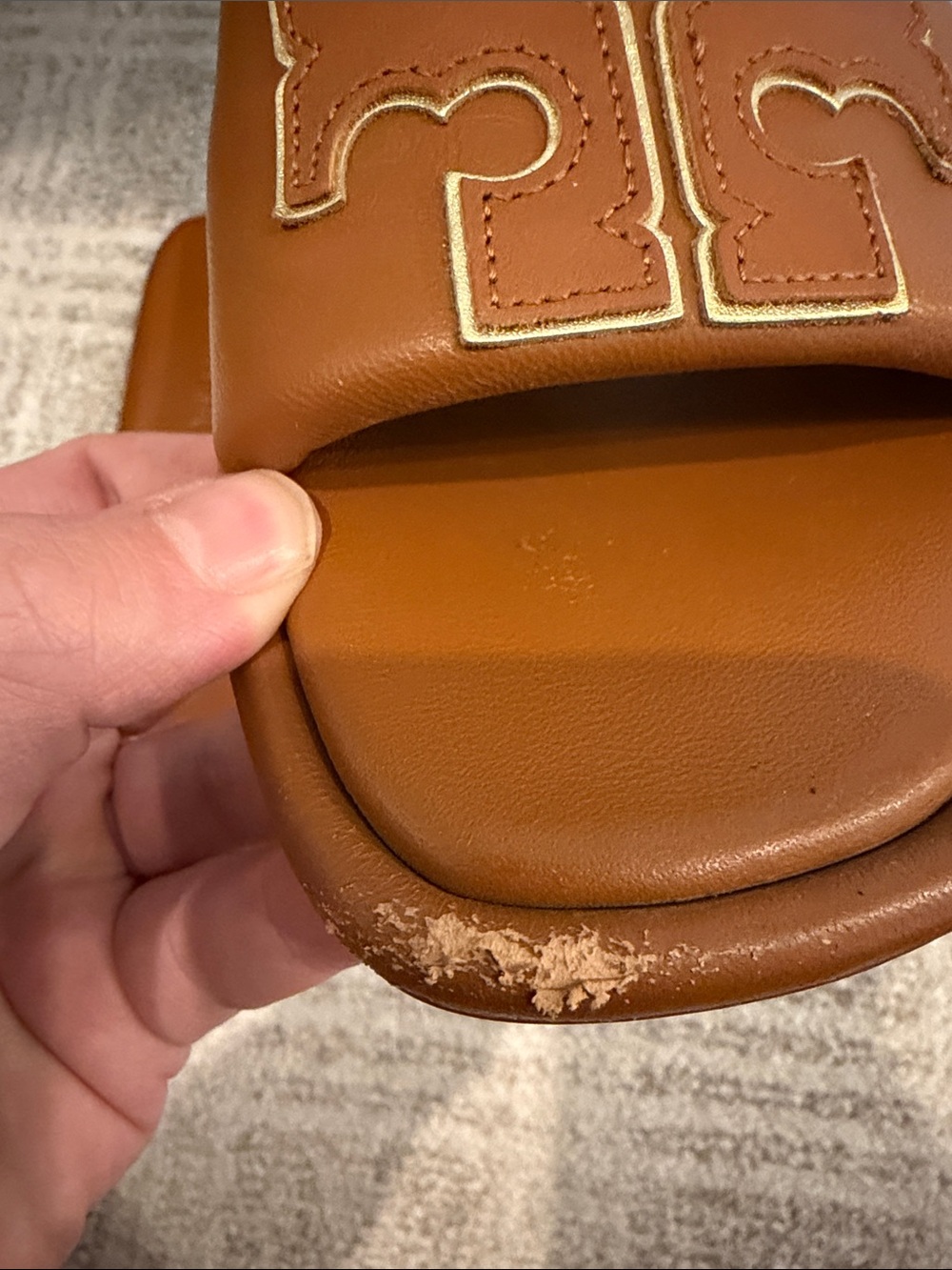 Tory Burch Cognac Leather Slide Sandals with Gold Logo - Picture 4 of 7